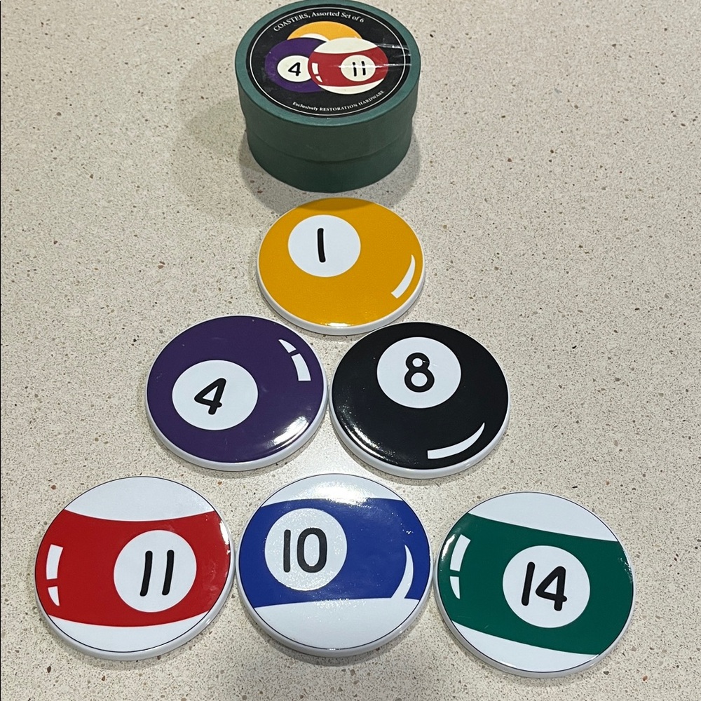 Restoration Hardware Billiard Ball Pool Porcelain/cork Coaster Box Set